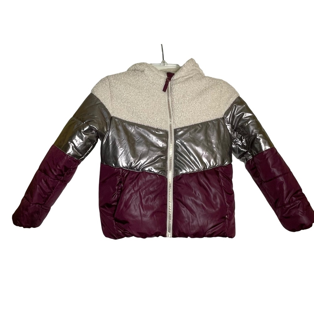 Rothschild Girls‎ Puffer Jacket Hooded Metallic Burgundy Cream Size M 10 12